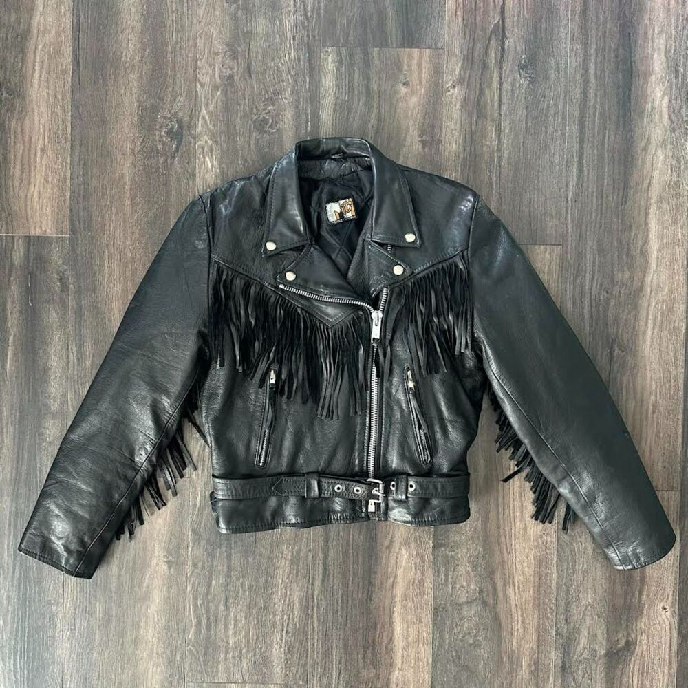 Vintage Leather Fringe Motorcycle Jacket Zip Up Collared Pinup Greaser Sz Medium